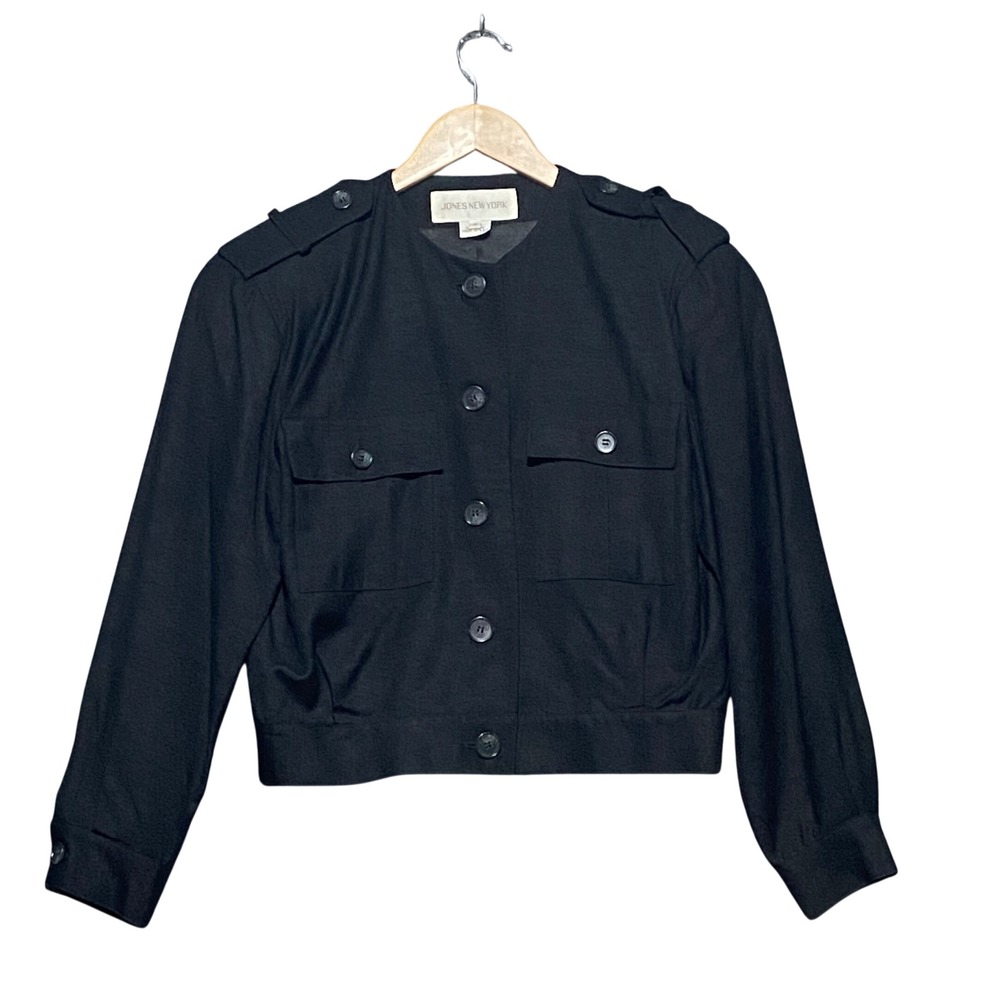 Jones New York Vintage Black Military Cropped Jacket Epaulets Made in USA Size 6